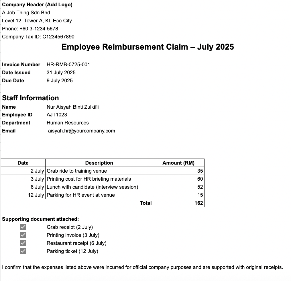 HR Reimbursement Claim Template